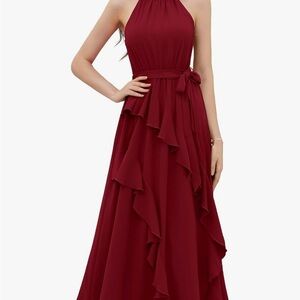 GRACE KARIN Halter Neck Flowy Swing Midi Dress, Ruffle Hem Split